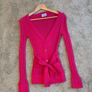 Women's V-Neck Ribbed Button-Up Cardigan -Magenta Belt Size M Y2K Preppy